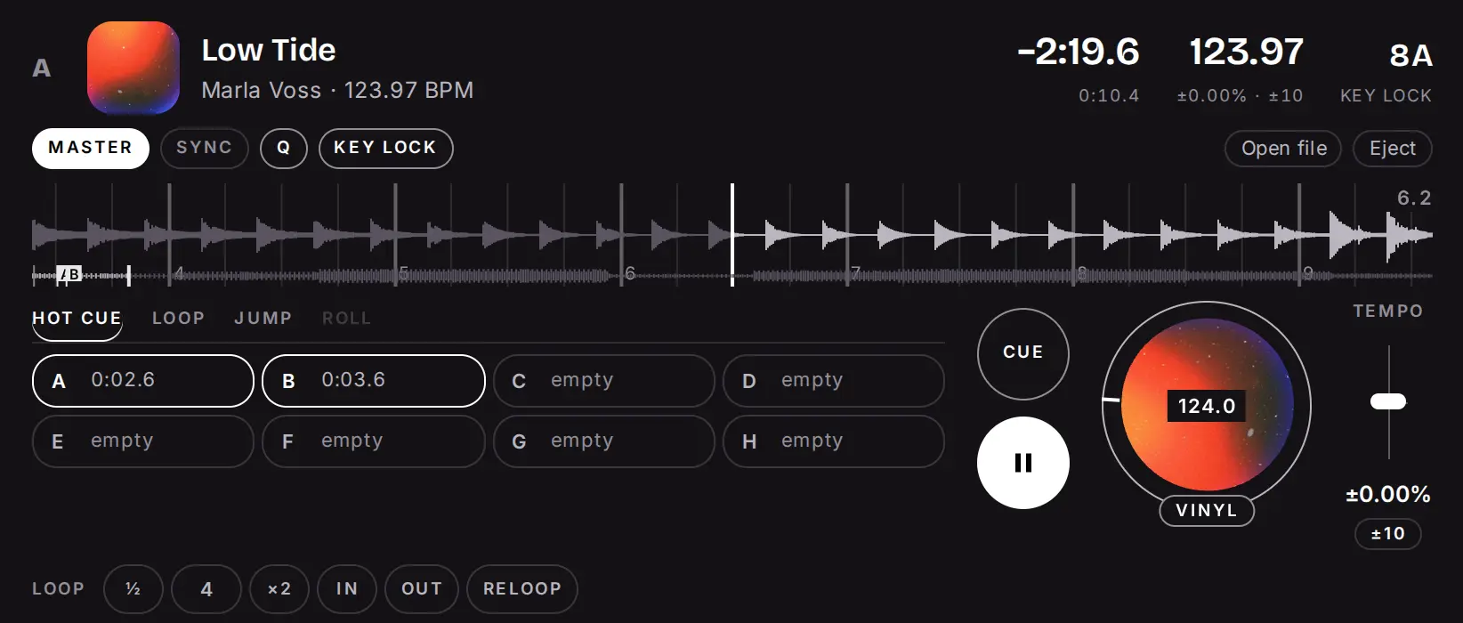 Deck A: Low Tide at 123.97 BPM, key 8A, hot cues A and B set