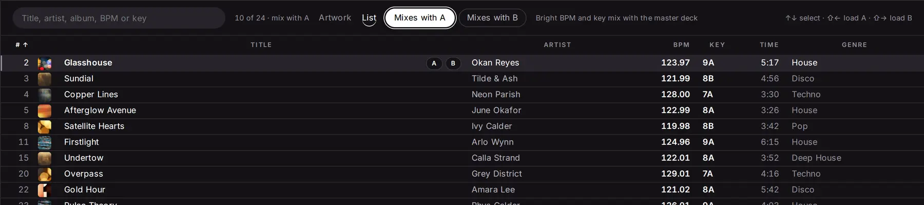 The library filtered to the 10 of 24 sample tracks that mix with deck A