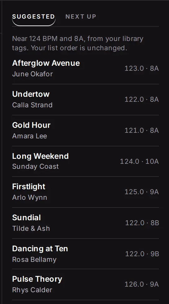 Suggested next: tracks near 124 BPM and key 8A from the library